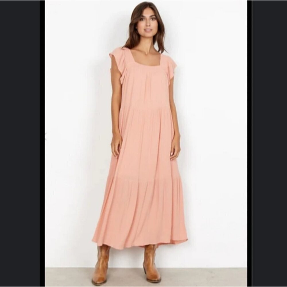 NWT Soyaconcept Lani Dress Size XL Maxi Square Neckline Smocked Ruffle Sleeve